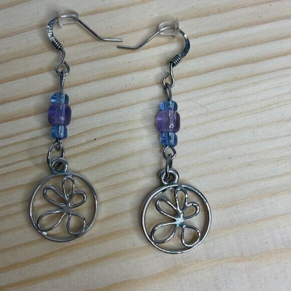 Silver Tone Blue Beaded Flower Drop Dangle Earrings - Picture 1 of 4